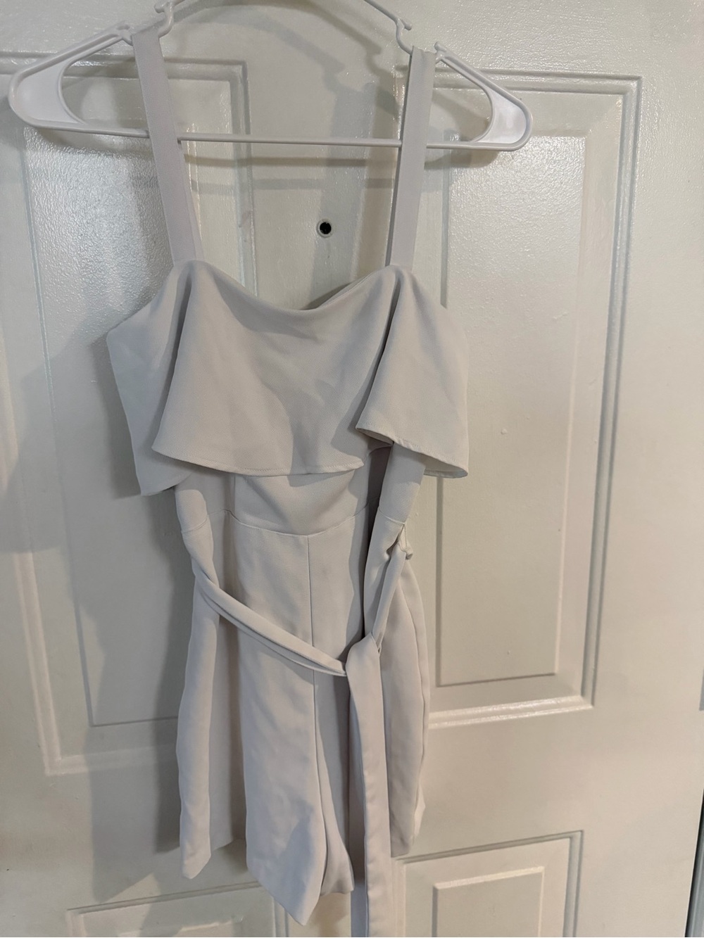 Women’s White Ruffle Strap Romper with Waist Tie